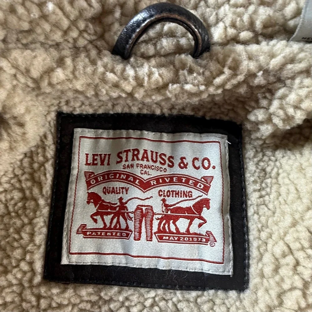 Levi Strauss Faux Leather Jacket Men Large Brown Sherpa Lined Field Coat RN54163 - Picture 5 of 8